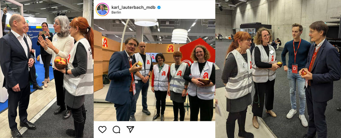 Bundeskanzler Olaf Scholz und Gesundheitsminister Karl Lauterbach beim SPD-Parteitag im Gespräch mit ABDA-Präsidentin Gabriele Overwiening und BAV-Vorsitzender Anke Rüdinger. / Foto: Collage privat / Instagram Karl Lauterbach