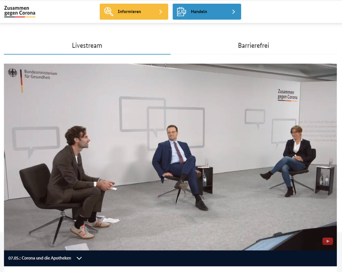 Antworten auf ausgewählte Fragen: In einem Live-Gespräch erläuterte Bundesgesundheitsminister Jens Spahn (CDU) zusammen mit der Präsidentin der Apothekerkammer Westfalen-Lippe, Gabriele Regina Overwiening, Themen, die den Apothekern derzeit unter den Nägeln brennen. / Foto: Screenshot