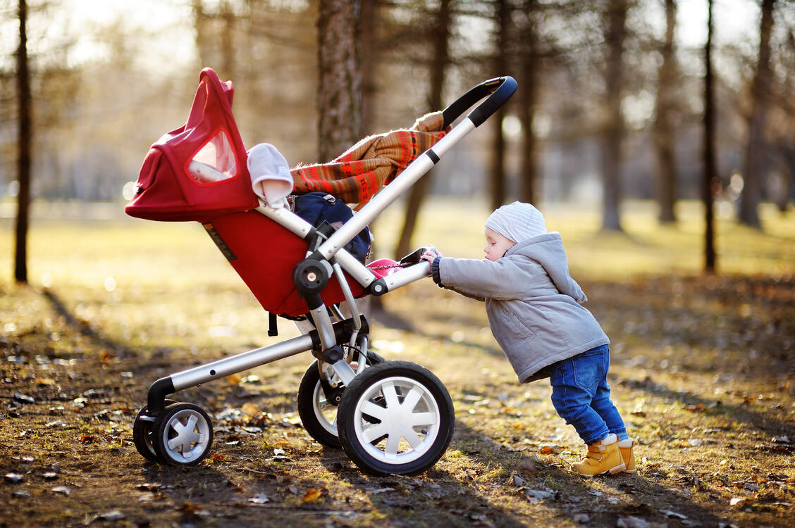 Wer seinen Buggy liebt, der schiebt – Kleinkinder sollten höchstens eine Stunde am Tag im Kinderwagen sitzen, empfiehlt die WHO. / Foto: Adobe Stock/Maria Sbytova