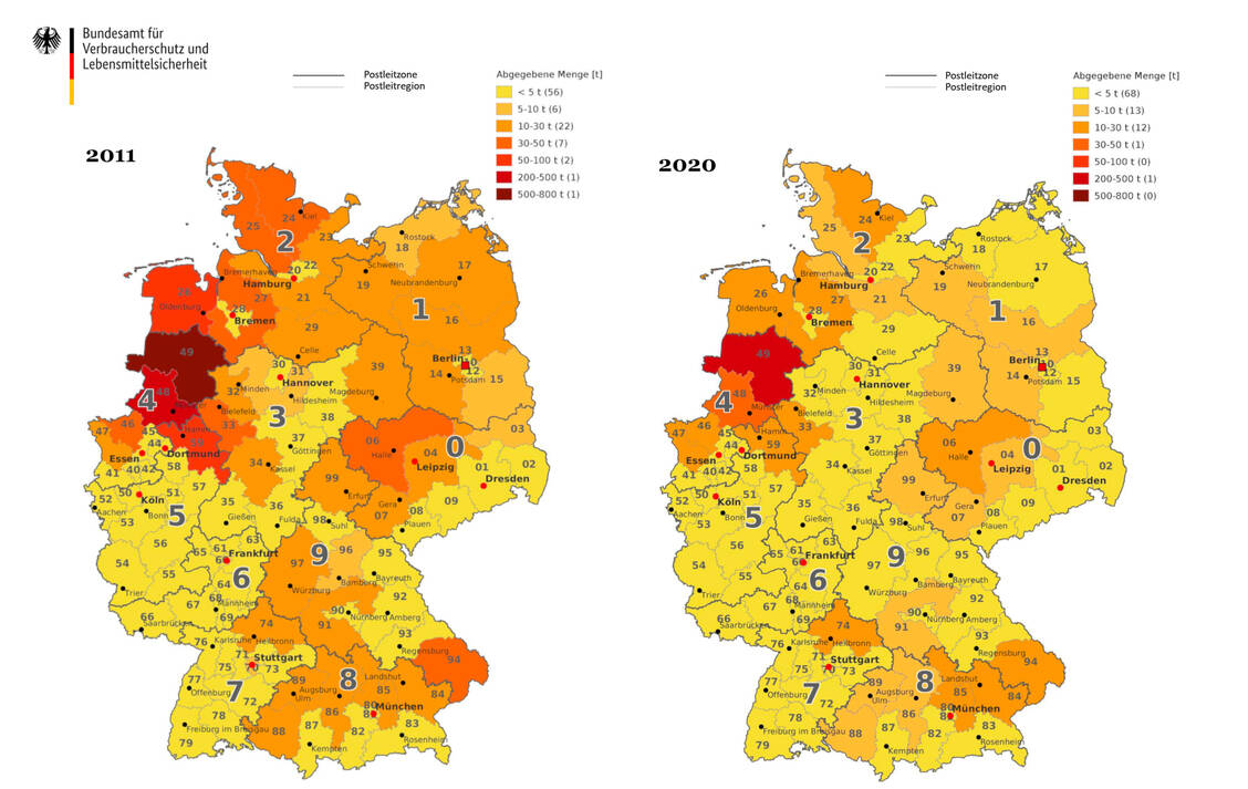 Antibiotika-Abgabemengen in der Tiermedizin nach Postleitregionen in den Jahren 2011 und 2020. / Foto: Bundesamt für Verbraucherschutz und Lebensmittelsicherheit (BVL)