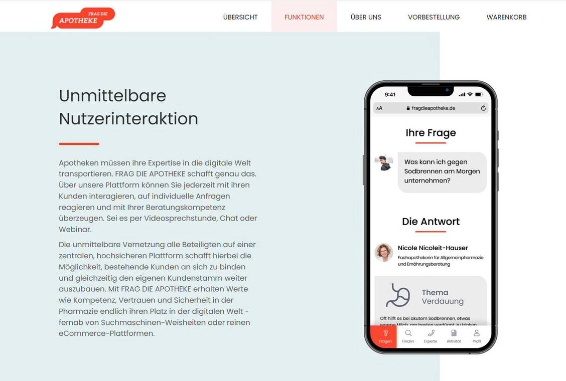 Fragen Sie Ihren Apotheker: Künftig sollen Patienten mit Apothekern chatten und sich vorab beraten lassen können, welches Medikament für die Behandlung ihrer Beschwerden geeignet wäre. / Foto: PZ Screenshot