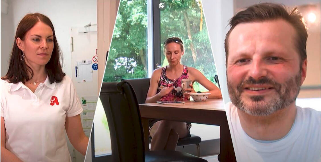 Die drei Apothekerinnen und Apotheker Sandra Spindler, Lena Ungvári und Simon Brinkmann (von links) geben im neuen ABDA-Video einen Einblick in ihre Schwerpunktbereiche. / Foto: ABDA