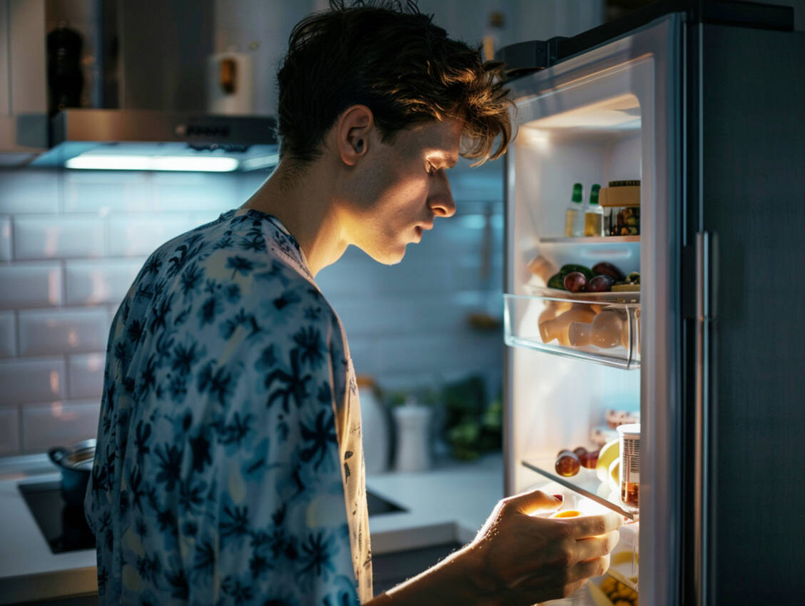 Essen in der Nacht, bringt die zeitlich regulierte Leber in Unruhe – das kann auf Dauer Konsequenzen haben.  / © Adobe Stock/Orkidia (generiert mit KI)