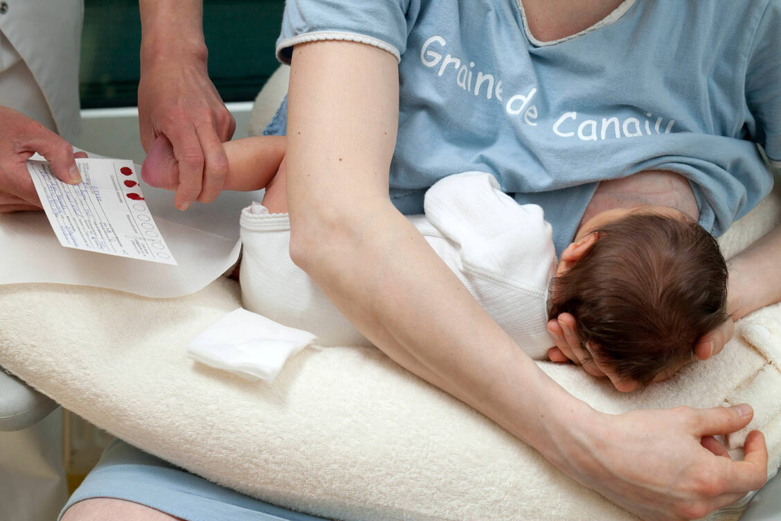 Beim Neugeborenen-Screening wird im Blut des Kindes unter anderem nach angeborenen Stoffwechselerkrankungen wie Phenylketon­urie oder Galaktosämie sowie nach endokrinen Erkrankungen wie Hypothyreose gefahndet. / © Imago Images/BSIP