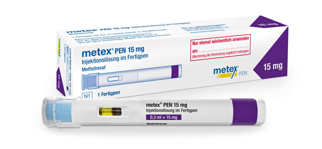 Der neue Metex-Pen kommt ohne Auslöseknopf aus. Die Injektion beginnt automatisch, wenn der Pen auf die Injektionsstelle gedrückt wird. / Foto: Medac