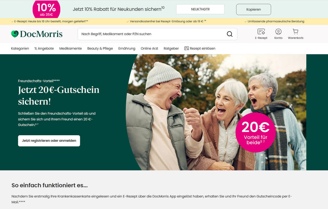 Bonus bei Rezept-Einlösung: Aktuell geht Doc Morris mit einer Freunde-werben-Freunde-Aktion auf Kundenfang im Rx-Bereich. / © PZ/Screenshot