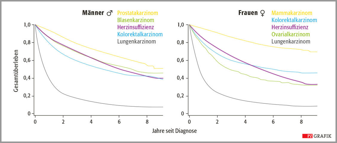 Abbildung 1: Fünf-Jahres-Überlebensrate von Patienten mit Herzinsuffizienz im Vergleich mit einigen der häufigsten Krebsarten, Daten einer schottischen Kohortenstudie in der Primärversorgung; modifiziert nach (4) / Foto: PZ/Pfeifer