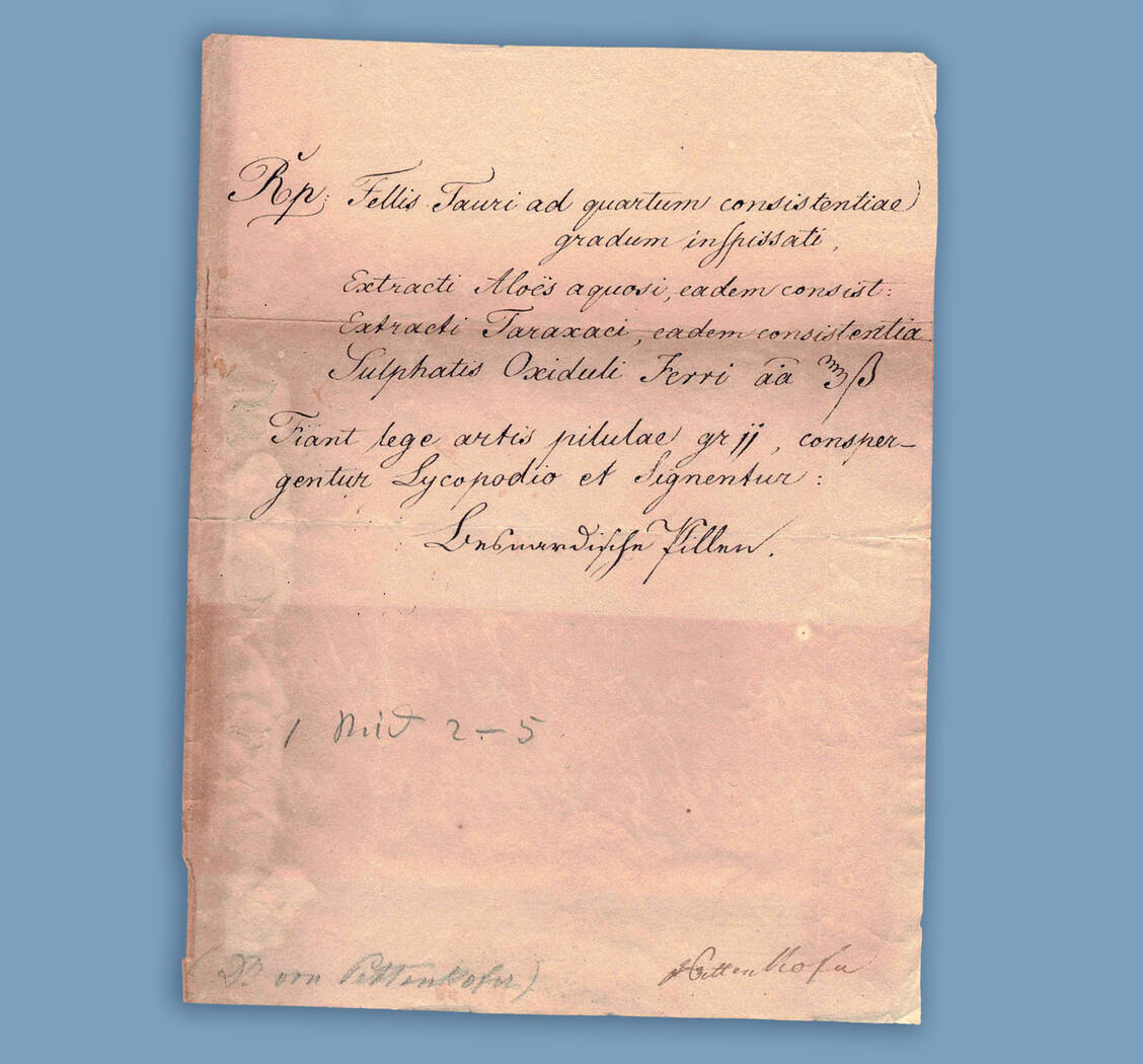 Ein Rezept für »Besnardische Pillen«, ausgestellt von Franz Xaver Pettenkofer (1783-1850), Apotheker und Onkel von Max Pettenkofer, Inv.-Nr. VII A 1948 / Foto: Deutsches Apotheken-Museum