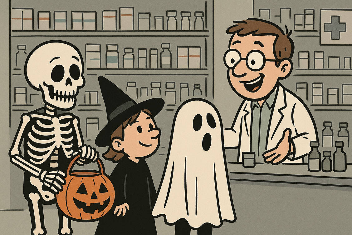 Trick or Treat? Immer freundlich bleiben. Heute gibt’s Hustensaft mit Kürbisgeschmack! / © PZ (KI-generiert)