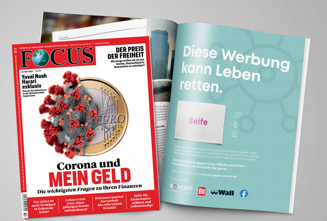 In der aktuellen Ausgabe des Focus wirbt Noventi gemeinsam mit der Bild-Zeitung, Facebook und Wall fürs Händewaschen und für die Vor-Ort-Apotheken.  / Foto: Noventi