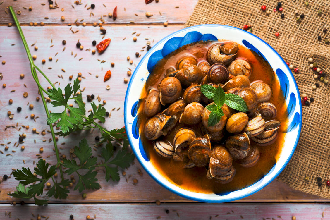 Für viele Spanier sind Caracoles, Schnecken, eine Delikatesse. Sie sind jedoch Zwischenwirt für den Rattenlungenwurm. In seltenen Fällen können sich Menschen über Schneckenverzehr mit dem Parasiten infizieren. / Foto: Adobe Stock/nito