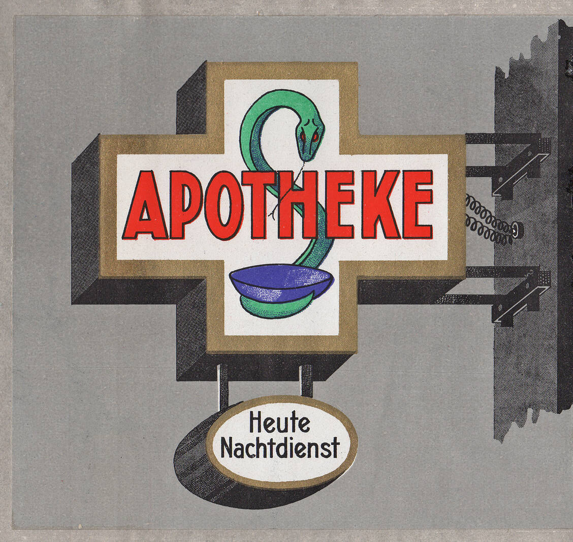 Abbildung 2: Das beleuchtete »Hageda-Kreuz«, eingeführt Mitte 1929. Prospekt mit Bild der Ranke-­Apotheke Berlin, Eigentümer Heinrich Salzmann (1859 bis 1945), Vorsitzender des DAV. Werbeanzeige von 1930; Inv.-Nr. VII A 1100 / Foto: Deutsches Apotheken-Museum