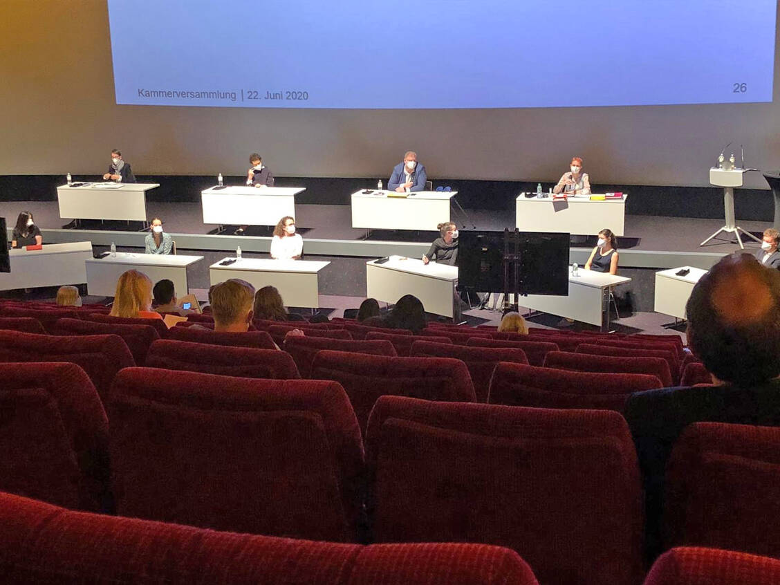 Die Kammerversammlung fand in diesem Jahr vor ganz großer Leinwand statt. / Foto: AKHH