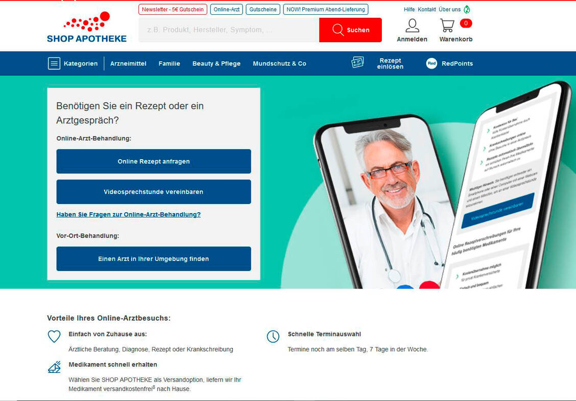 Auf ihrer Online-Plattform wirbt die Shop Apotheke für eine Visite beim Kooperationspartner, dem Telemedizin-Anbieter Zava. / Foto: PZ Screenshot