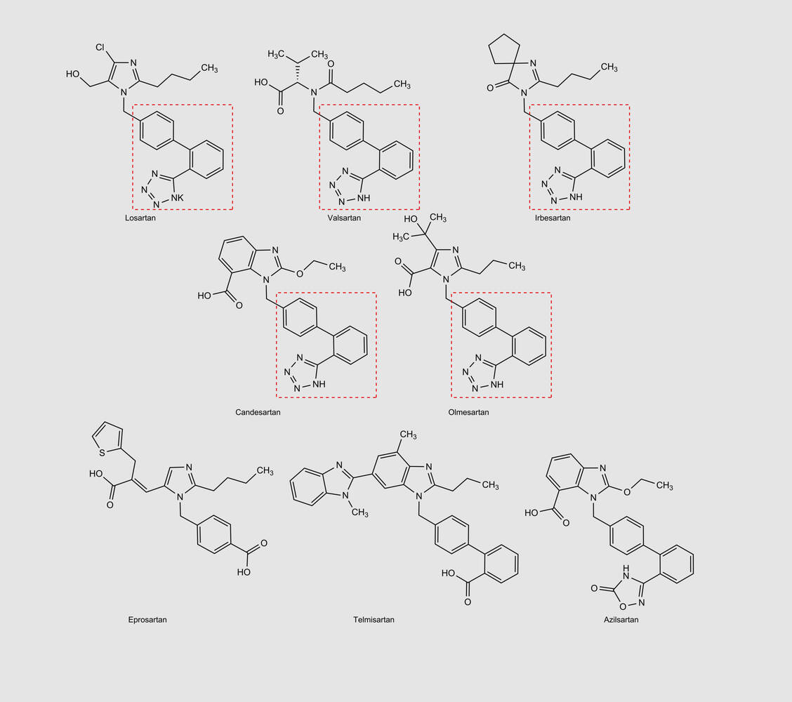 Strukturformeln der Sartane, die in Deutschland auf dem Markt sind. Bis auf Telmisartan, Eprosartan und Azilsartan weisen alle einen Tetrazolylrest auf. / Foto: Wurglics