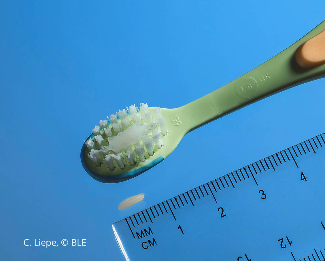 Eine reiskorngroße Menge Zahnpasta entspricht etwa 0,125 g . / Foto: BLE/C. Liepe