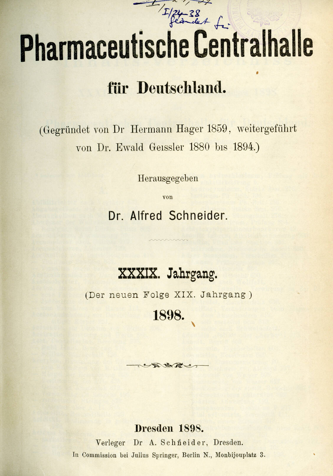 Titelblatt der Zeitschrift »Pharmaceutische Centralhalle«. / Foto: Bildarchiv des Instituts für Geschichte der Pharmazie, Marburg