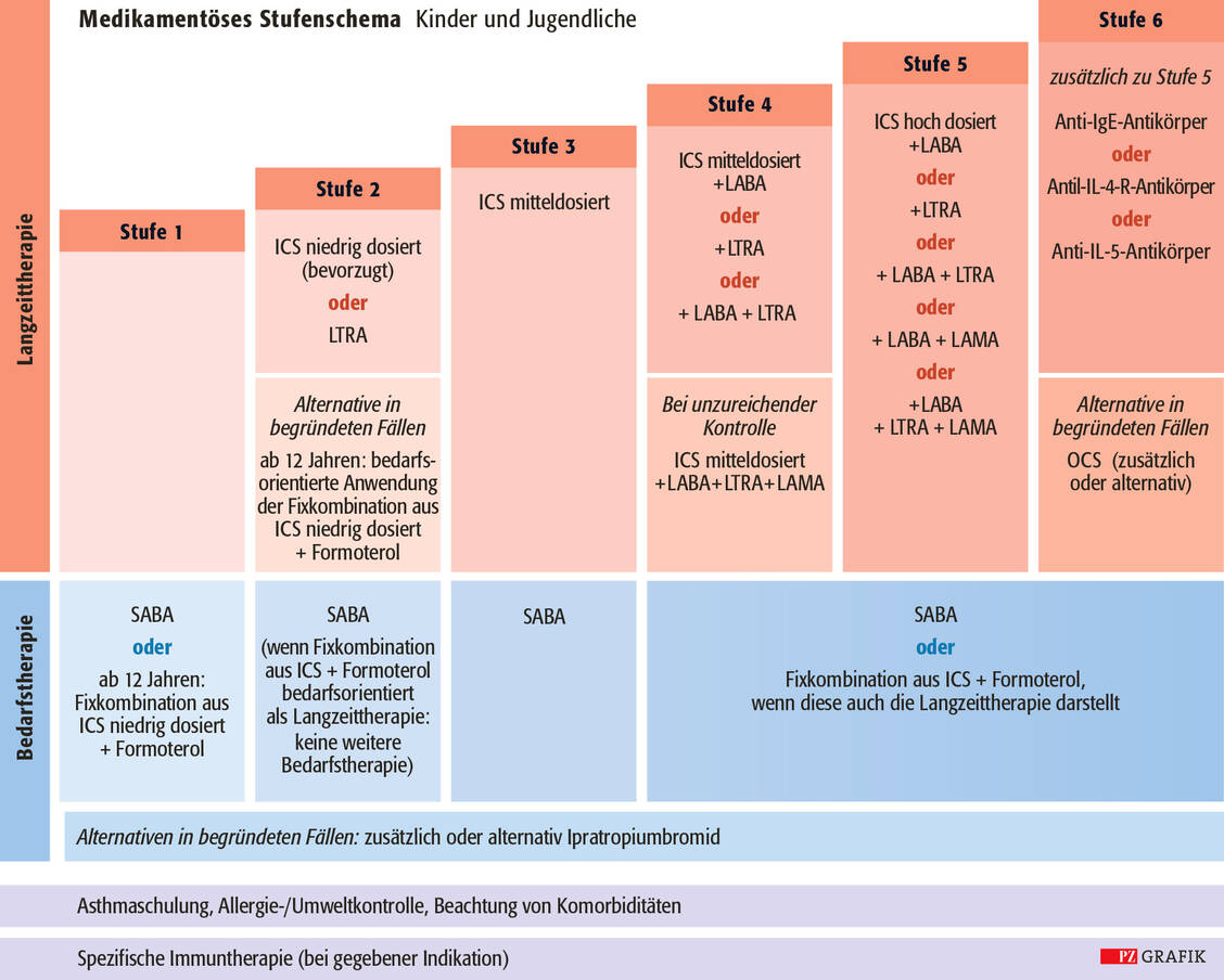 Grafik 2: Medikamentöses Stufenschema der Asthmatherapie für Kinder und Jugendliche. Zu beachten ist, dass nicht alle Präparate und Kombinationen für die jeweilige Indikation zugelassen sind; es handelt sich dann um einen Off-Label-Use. Modifiziert aus der Nationalen Versorgungsleitlinie (NVL) Asthma (3). ICS: inhalatives Corticosteroid; IL: Interleukin; LABA: lang wirksames Beta-2-Sympathomimetikum; LAMA: lang wirksamer Muskarinrezeptor-Antagonist; LTRA: Leukotrienrezeptor-Antagonist; OCS: orales Corticosteroid; SABA: kurz wirksamer Beta-2-Agonist / Foto: PZ/Stephan Spitzer