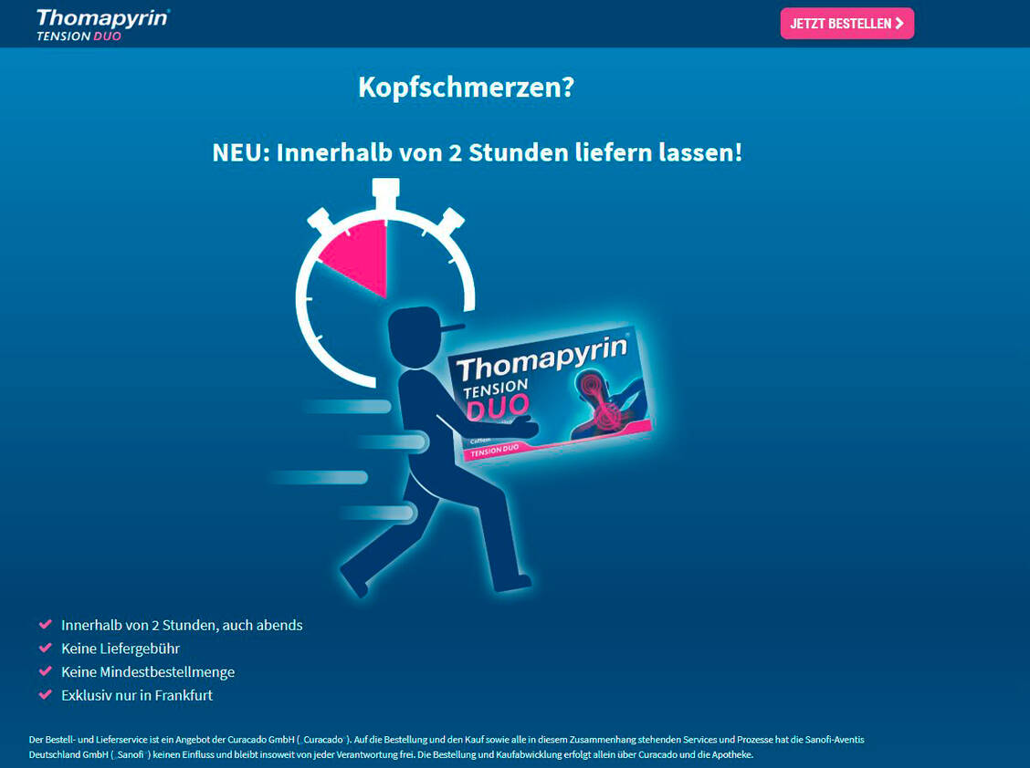 Auf der Website Thomapyrin.de/lieferung können sich Kunden aus Frankfurt am Main innerhalb von zwei Stunden das Analgetikum liefern lassen. / Foto: Screenshot/PZ