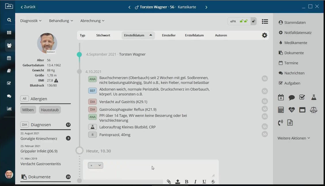 Ein erster Einblick in die elektronische Patientenakte bei dem fiktiven Herrn Wagner. So könnte die EPA  für Leistungserbringer aussehen. / Foto: Screenshot