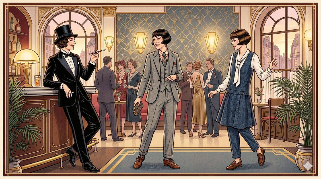 Anzug, Zylinder, Bubikopf – in den 20er-Jahren liegen die Anfänge androgyner Mode. / © PZ/generiert mit KI
