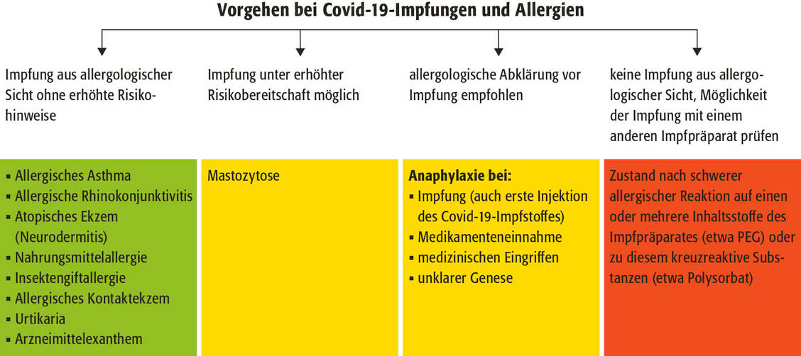 Ampelschema zum Vorgehen von Covid-19-Impfungen bei unterschiedlichen allergologischen Erkrankungen oder anamnestischen Angaben. Quelle: nach AeDA-Leitfaden für Ärzte, 2021 / Foto: PZ-Grafik