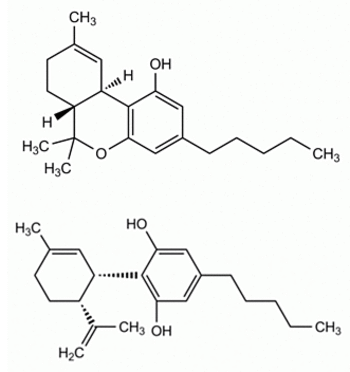 Tetrahydrocannabinol (oben) und Cannabidiol (unten)