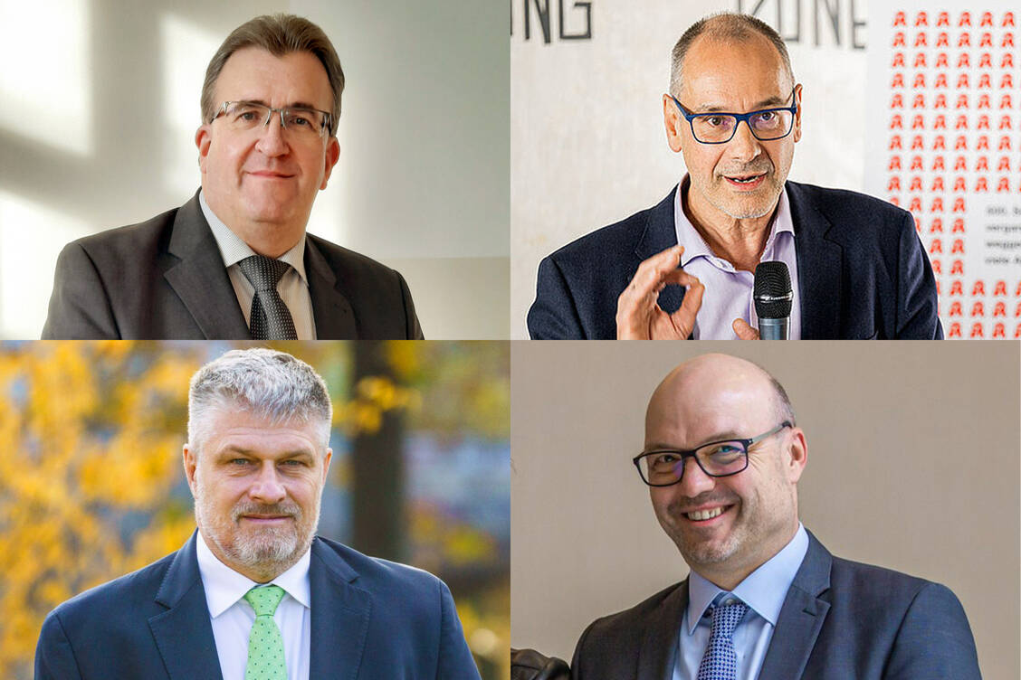 Die Spitzen der Landesapothekerkammern sowie -verbände in Sachsen und Thüringen (von oben links im Uhrzeigersinn), Ronald Schreiber, Stefan Fink, Göran Donner und Thomas Dittrich. / Foto: LAKT / Jacob Schröter; PZ/Christina Hohmann-Jeddi; SLAK/CARISO, Dresden; SAV/Martin Jehnichen; Collage: PZ