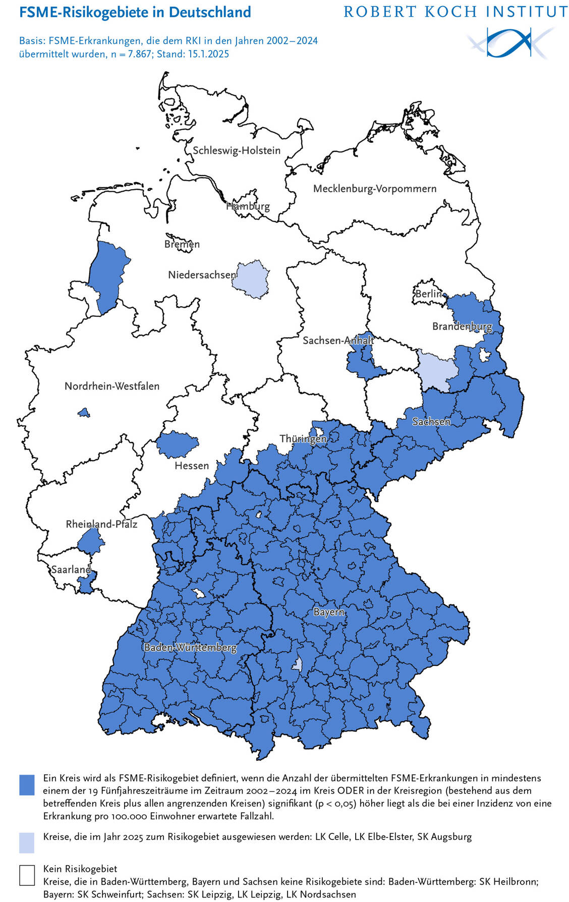 Die neue Karte zeichnet weiterhin vor allem den Süden und Südosten der Republik als FSME-Risikogebiet aus. Neu sind die hellblauen Gebiete. / © RKI