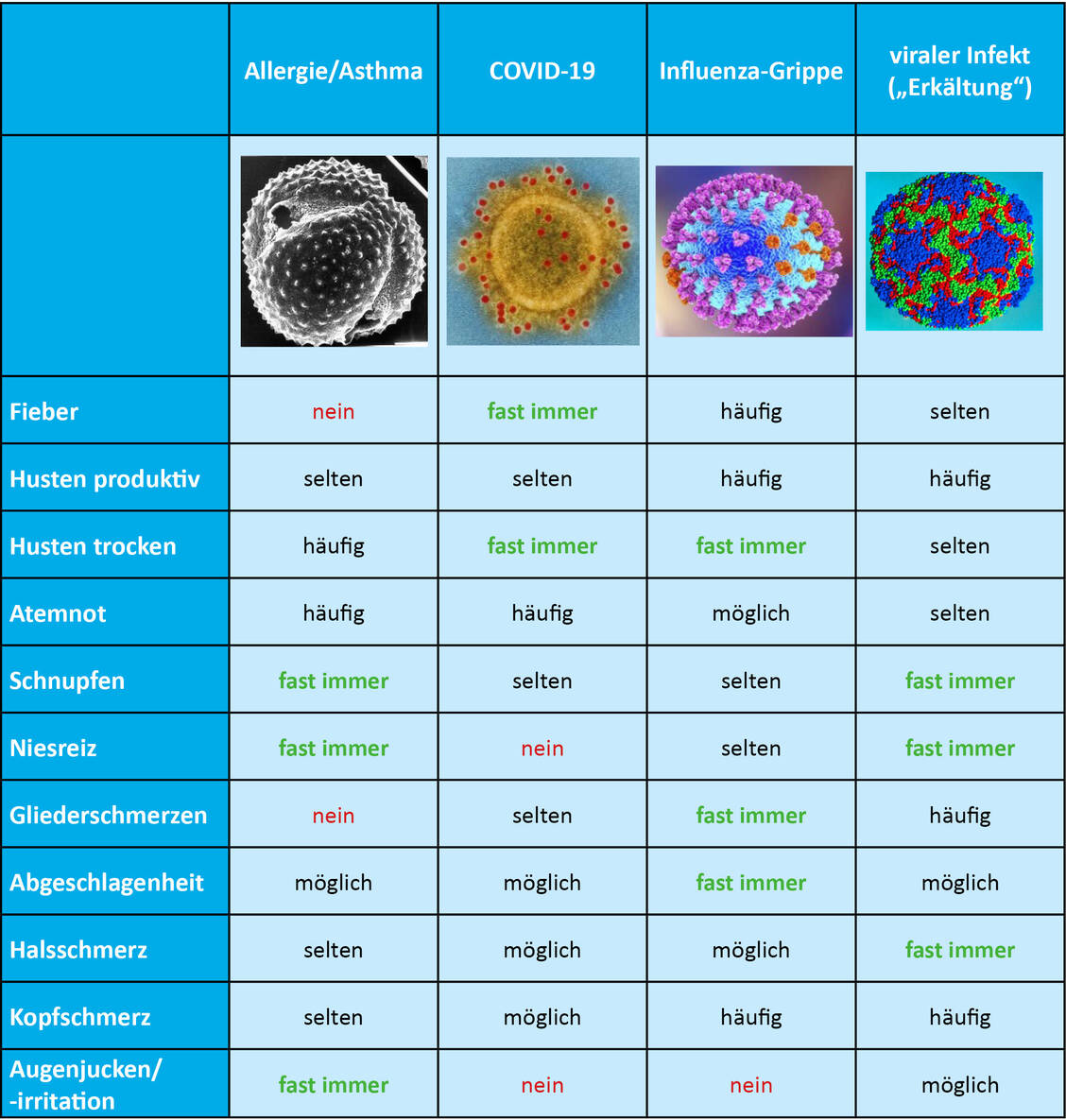 Unterschiede in den Symptomen bei Allergien/Asthma, COVID 19, Influenza-Grippe und viralen »Erkältungs-Infekten«. / Foto: Allergiezentrum Wiesbaden