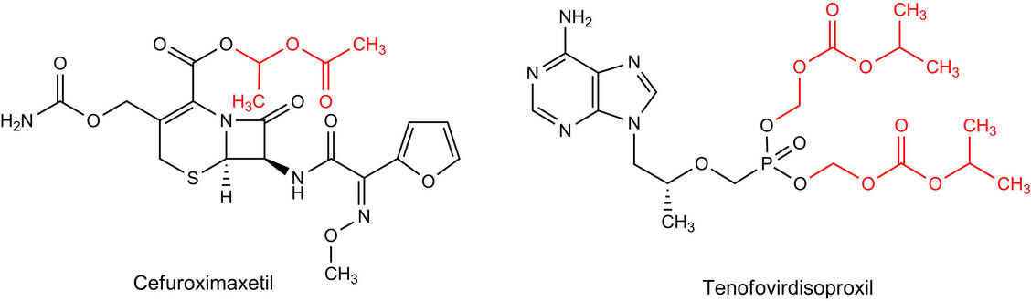 Abbildung 4: Die Doppelester-Prodrugs Cefuroximaxetil (Typ-I-Derivat einer Carbonsäure) und Tenofovirdisoproxil (Typ-II-Derivat einer Phosphonsäure) / Foto: PZ
