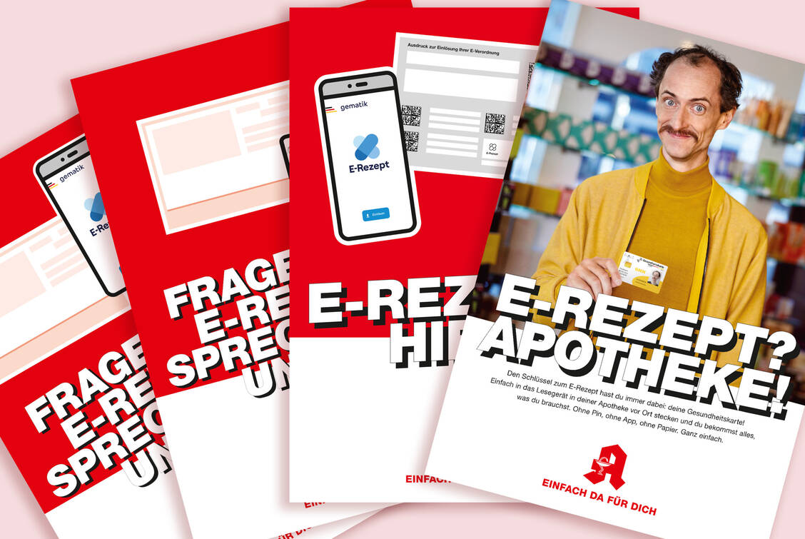 Flyer, Werbeplakate, Social-Media-Postings, Radio- und TV-Spots: Mit umfangreichem Kampagnenmaterial der ABDA sollen Apotheken für die Einlösung des E-Rezepts in der Offizin werben und zum Thema informieren können. / Foto: ABDA/ Kollage PZ