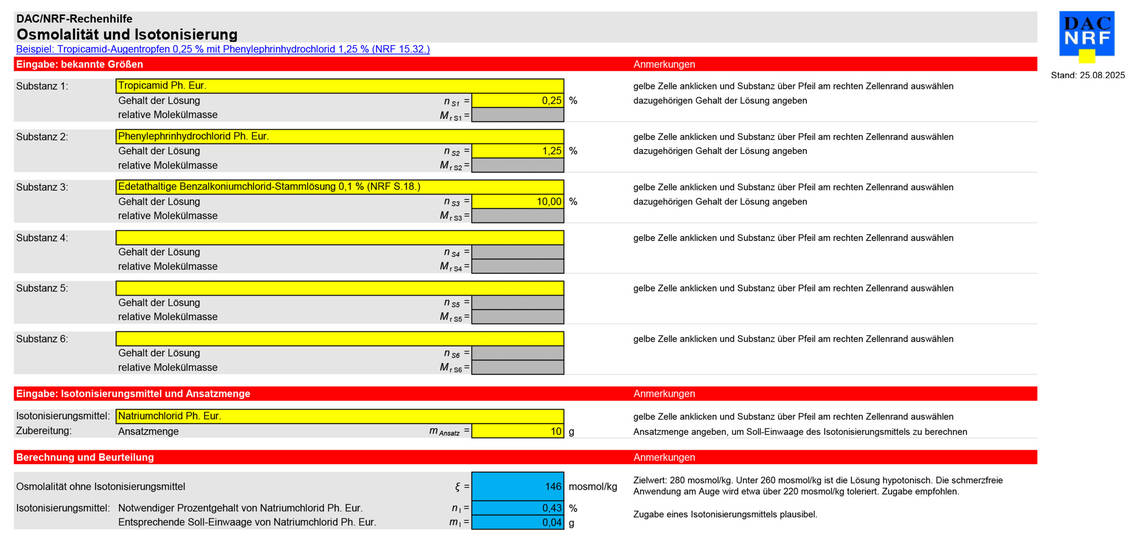 Abbildung 2: Eingabe, Berechnung und Beurteilung der vereinfachten Darstellung der DAC/NRF-Rechenhilfe: Osmolalität und Isotonisierung / © DAC/NRF