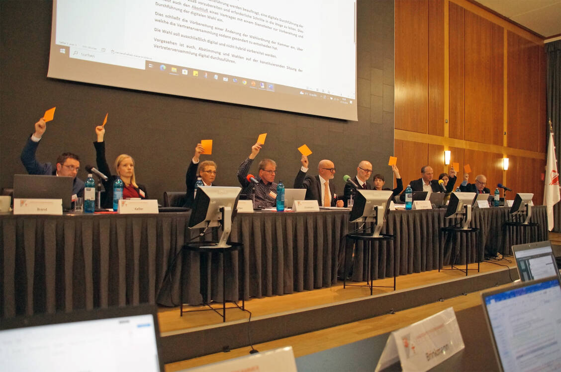 Die Versammlung stimmte über verschiedene Anliegen ab, hier zu sehen der Vorstand der Landesapothekerkammer. / © Stefan Friebis/LAK Rheinland-Pfalz