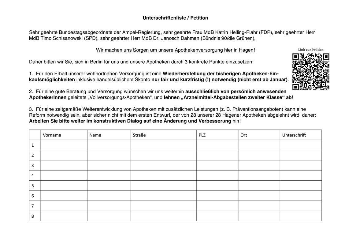 In allen Hagener Apotheken sollen die Unterschriftenlisten gegen die Reformpläne des Bundesgesundheitsministeriums ausliegen.