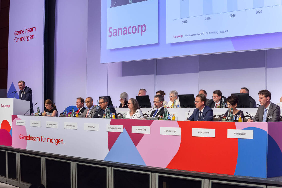 Vorstand und Aufsichtsrat der Sanacorp auf der Hybridveranstaltung in München. Links am Rednerpult: Vorstandsvorsitzender Herbert Lang / Foto: Sanacorp