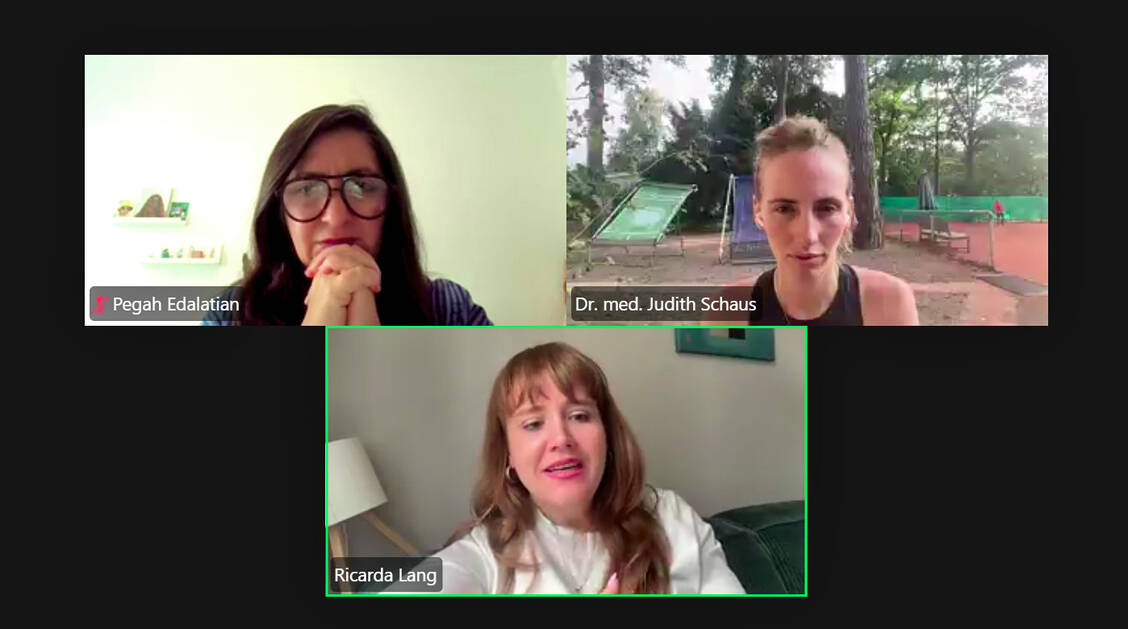 Im Webinar: Generalsekretärin von Bündnis 90/Die Grünen Pegah Edalatian, Influencerin und Fachärztin für Allgemein- und Familienmedizin Judith Schaus und Grünen-Politikerin Ricarda Lang. / © Screenshot Webinar »Gesundheitssystem am Limit«