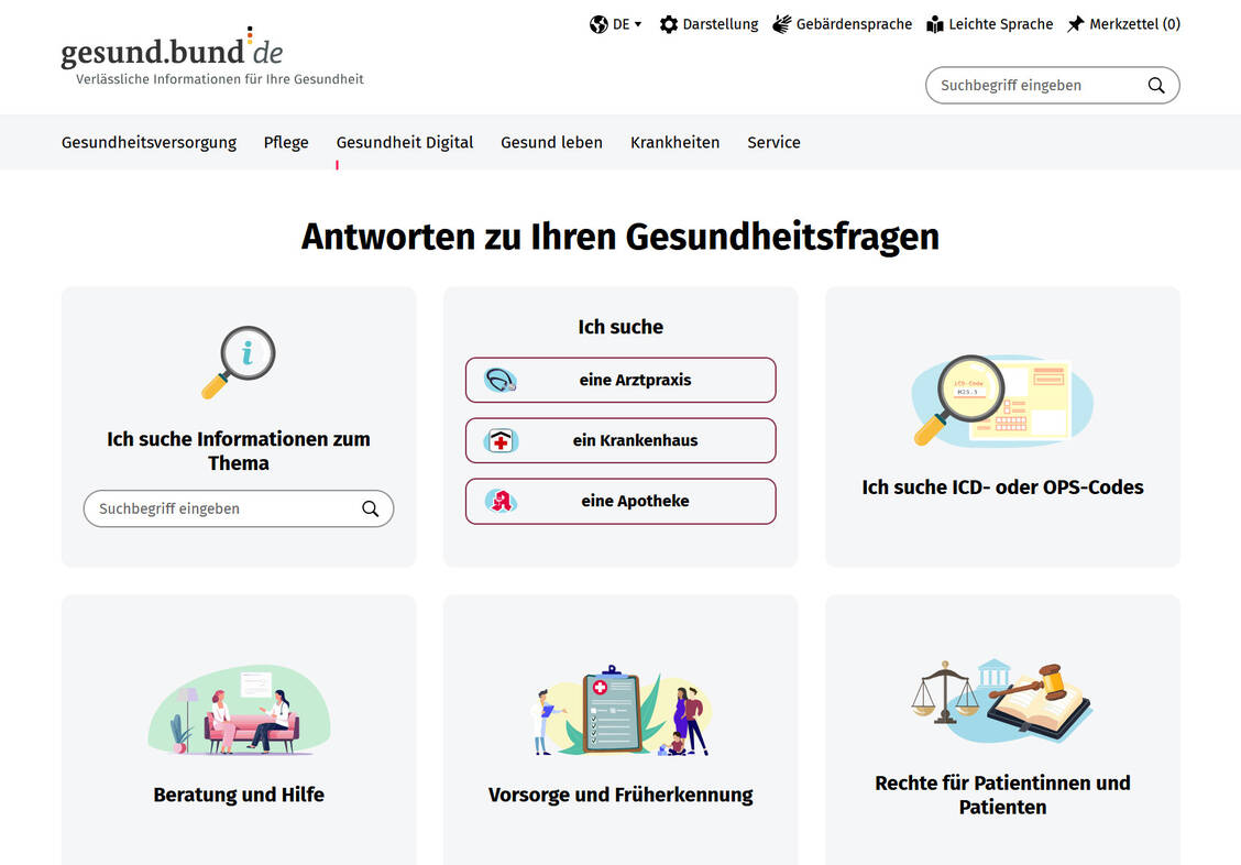 Das Nationale Gesundheitsportal des Bundes gesund.bund.de ist seit 2020 online. Der Wort & Bild Verlag sieht es als staatliche Konkurrenz zu privatwirtschaftlichen Presseangeboten. / © PZ/Screenshot