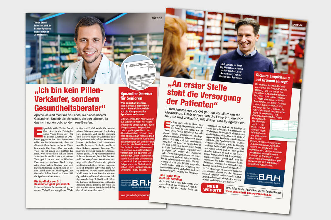 Vom Mehrwert der Apotheken vor Ort: In Printanzeigen  berichten Apotheker von ihren spezifischen Beratungs- und Angebotskonzepten. / Foto: BAH/PZ