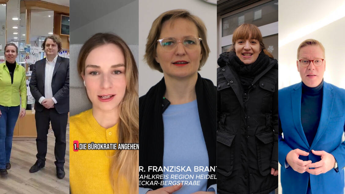 Erik von Malottki, Nathalie Wagner, Franziska Brantner, Heidi Reichinnek und Tino Sorge (v.l.n.r.) sprechen in ihren Videobotschaften über die Apotheken und die Arzneimittelversorgung.  / © What’s Apo/Screenshot