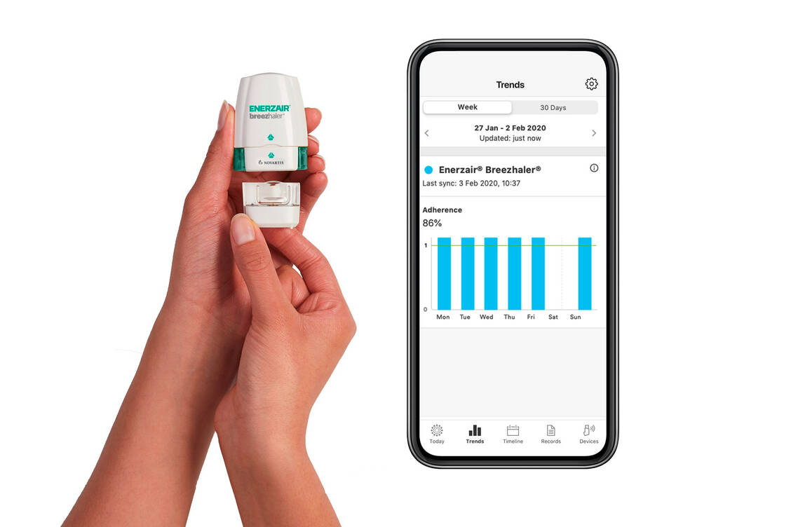 Der Sensor für den Breezhaler®-Inhalator ist optional und hat keinen Einfluss auf die Medikamentenabgabe. Entwickelt wurde er von Propeller Health. / Foto: Propeller Health