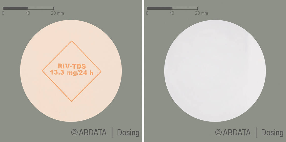 Abbildung: Vorder- und Rückseite von Rivastigmin Glenmark 13,3 mg/24 Stunden Pflaster transdermal / Foto: ABDATA