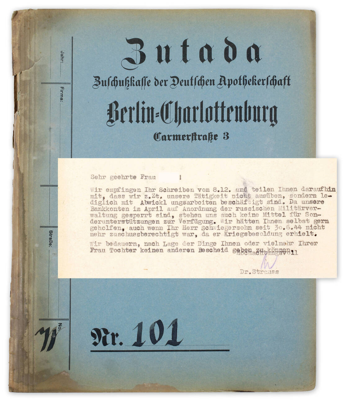 Abbildung 2: Akte 101 der Zutada mit Kurzbrief an Else A. vom 13.12.1945 (Inv.-Nr. VII A 2410_0101) / © DAM