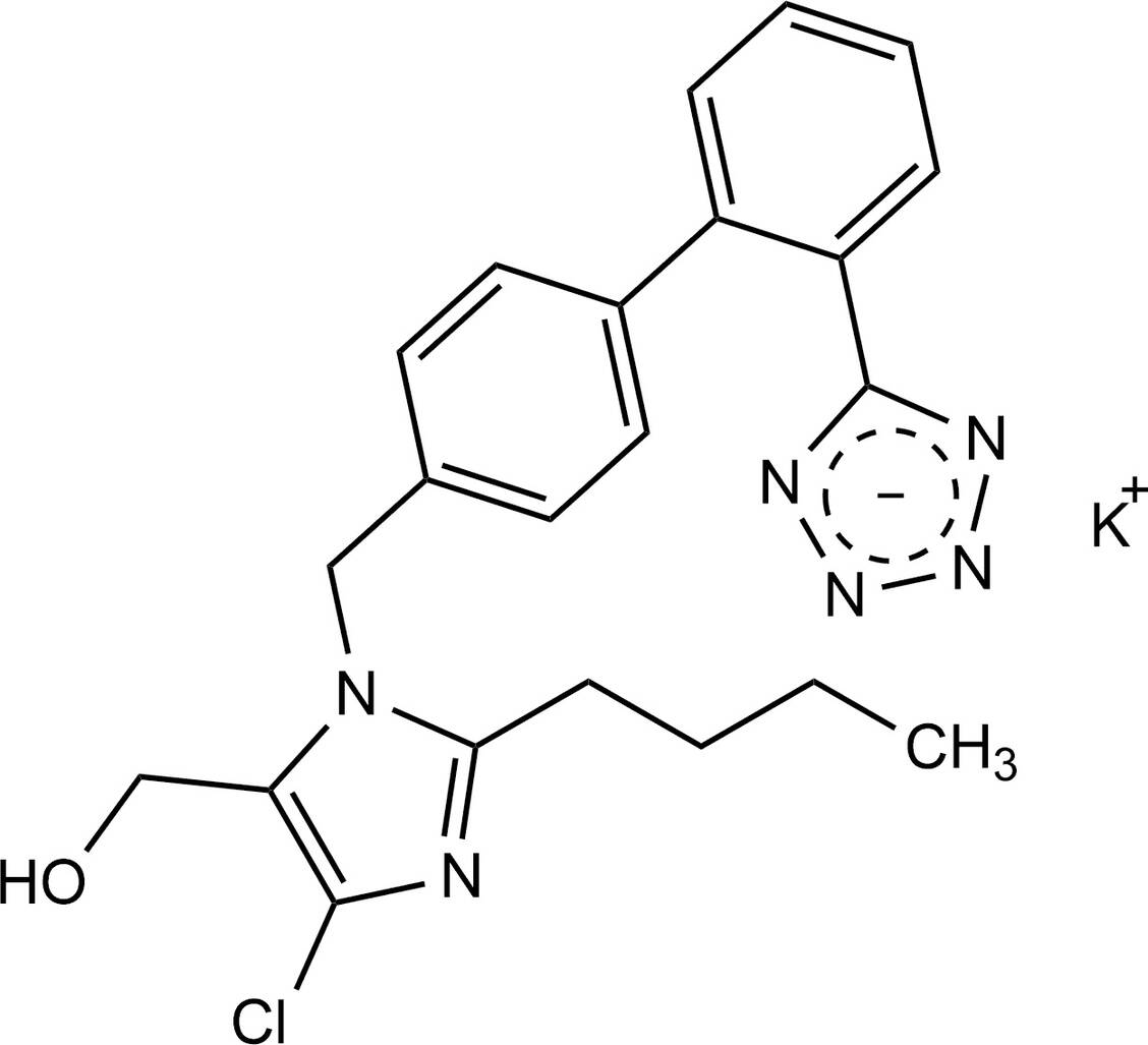 Die Struktur von Losartan ist durch ein Benzyl­imidazol-Template und das für viele Sartane typische Biphenyltetrazolsystem charakterisiert. Grafik: Wurglics