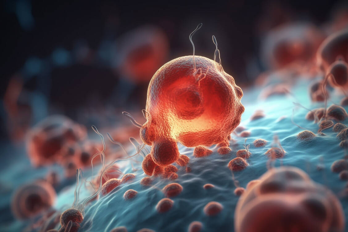In der Apoptose, dem kontrollierten Absterben, schrumpft eine Zelle zunächst und schnürt dann Bläschen ab, die DNA wird zerstückelt. Die Reste werden schließlich durch Phagozytose beseitigt.  / Foto: Adobe Stock/Artefacti generiert mit KI