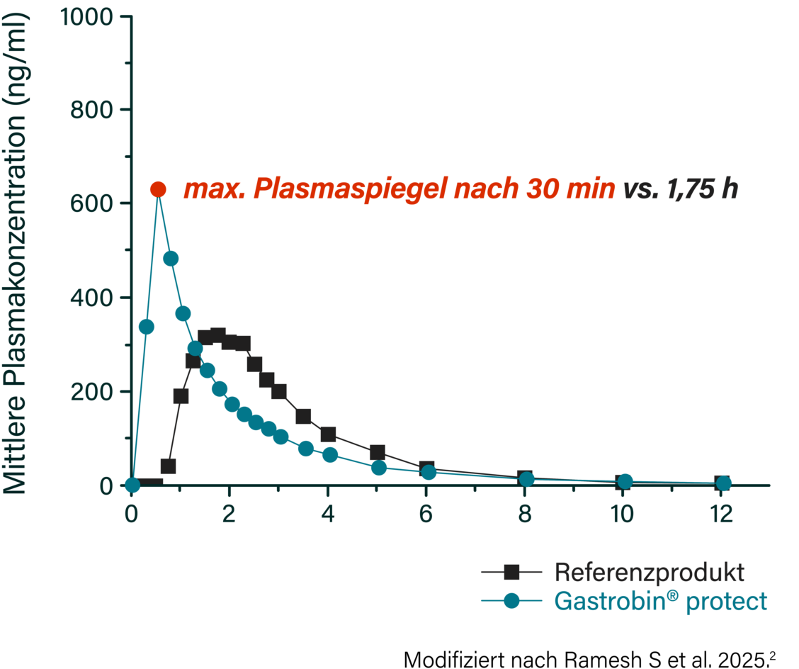 Nicht magensaftresistent formuliertes Omeprazol aus Gastrobin® protect erreicht den maximalen Plasmaspiegel (Cmax) bereits nach 30 Minuten, bei einem magensaftresistenten Vergleichspräparat dauert es 1,75 Stunden