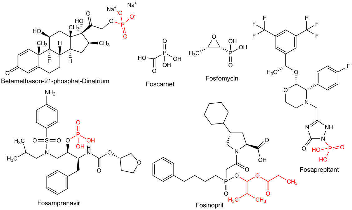 Abbildung 1: Phosphorhaltige Arzneistoffe; die abspaltbaren Strukturelemente in Prodrugs sind rot hervorgehoben. / Foto: PZ
