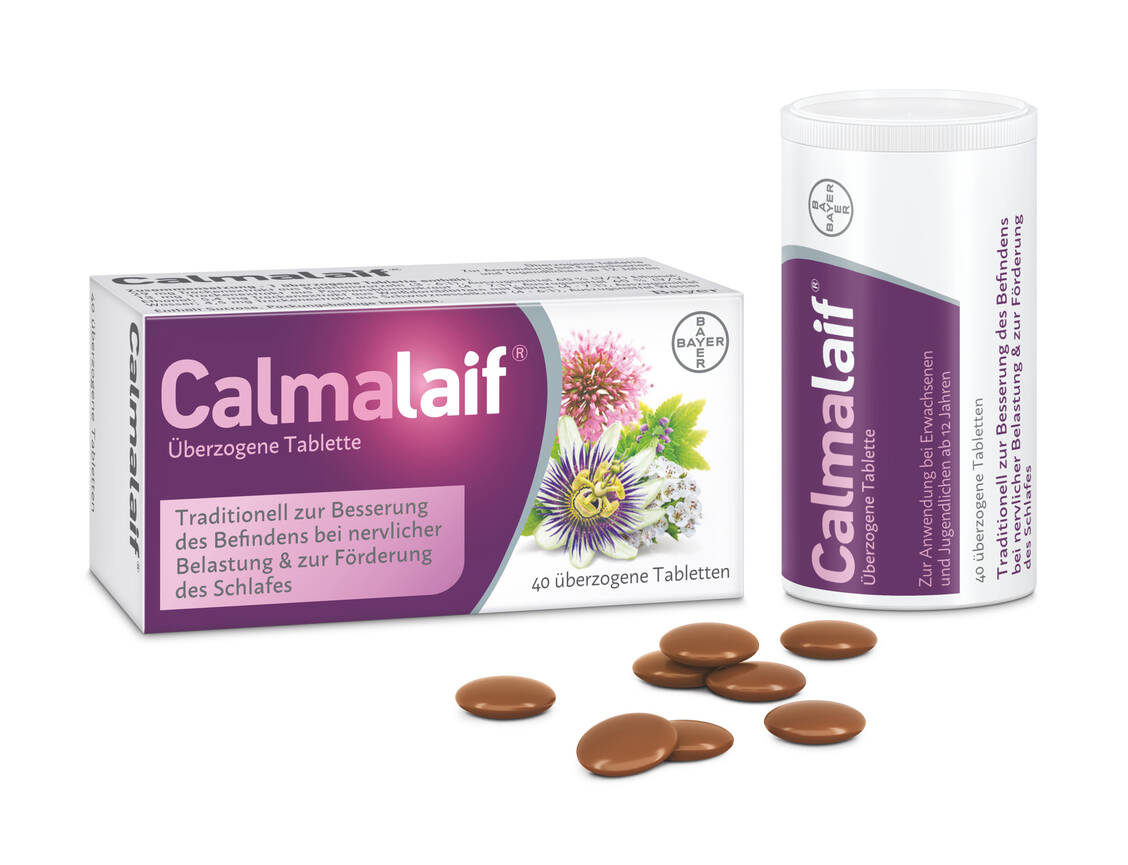 Das traditionelle pflanzliche Arzneimittel Calmalaif enthält Trockenextrakte aus Passionsblumenkraut, Baldrianwurzeln, Weißdornblättern mit Blüten und Schwarznesselkraut. / Foto: Bayer