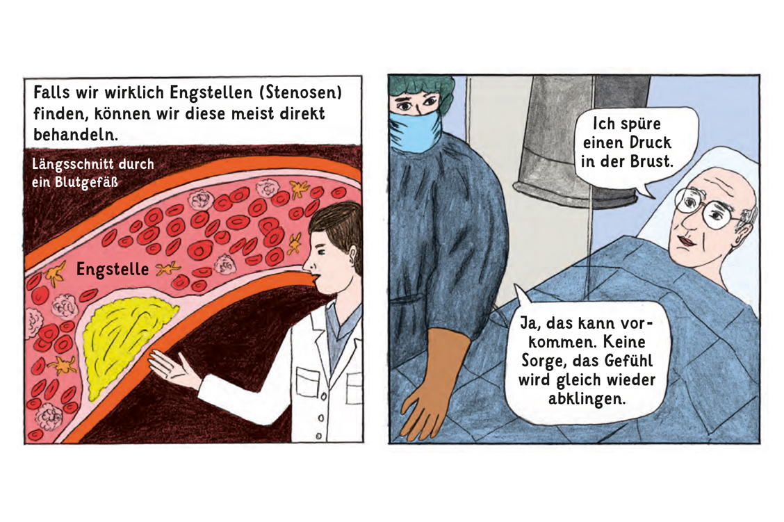 Die Graphic Novel erklärt erwachsenen Patienten, wie eine Herzkatheteruntersuchung abläuft. / Foto: Charité/Brand, Gao, Hamann, Martineck, Stangl