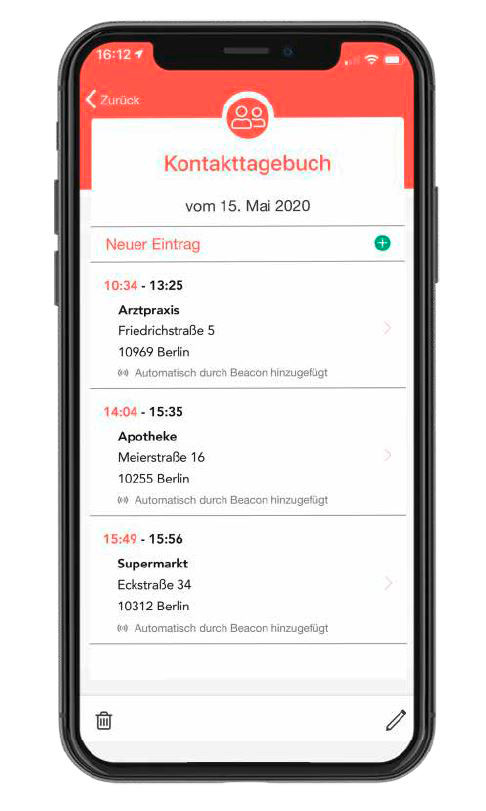 So soll das Kontakttagebuch auf den Apps der Nutzer aussehen. Allerdings wird im Infektionsfall klar ersichtlich, in welcher Apotheke der Infizierte zu einer bestimmten Uhrzeit zugegen war. / Foto: Noventi